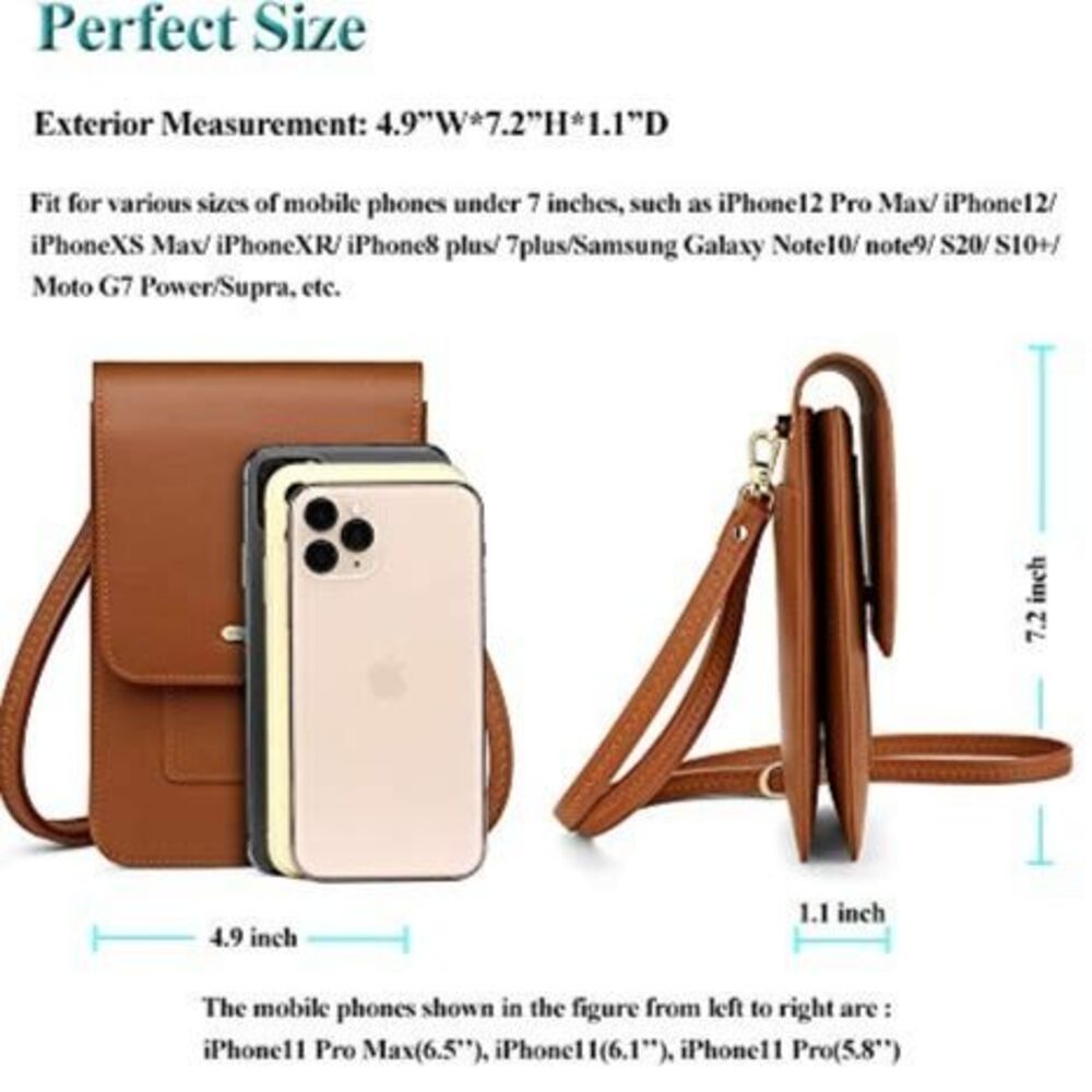 Women's Vegan Leather Carmel Brown Cell Phone Crossbody Bag With RIFD Protection - Picture 4 of 6